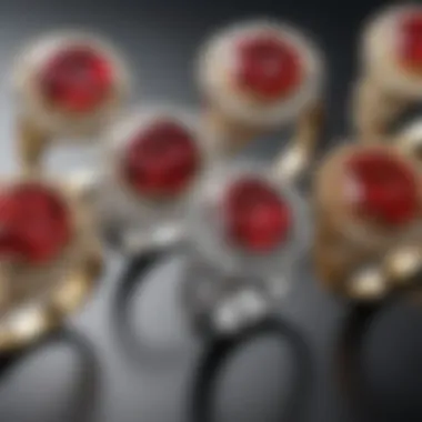 Display of various ruby rings in different styles, showcasing current jewelry trends.