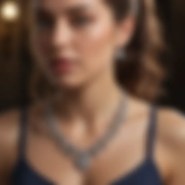 A beautifully styled tennis necklace worn with fashionable attire.