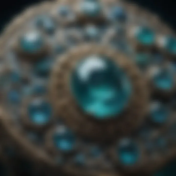 A close-up view of a blue green stone set in an intricate jewelry design, highlighting its unique texture and color variations.