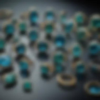 A collection of blue green stone jewelry pieces displayed elegantly on a reflective surface, showcasing different styles and settings.