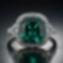 A close-up of a cushion cut emerald diamond ring showcasing its unique facets
