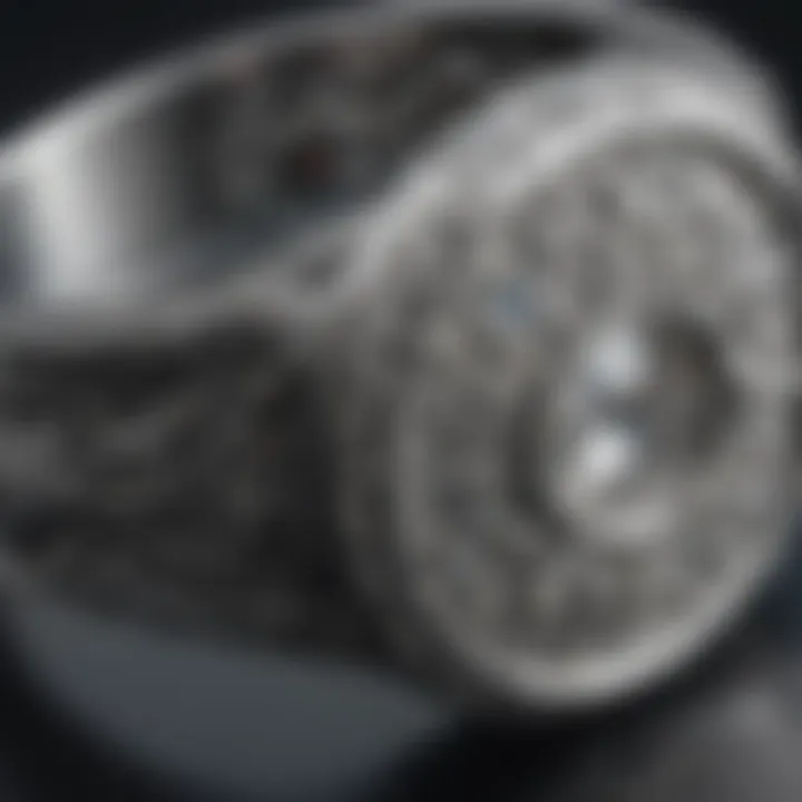 Detailed close-up of the intricate design of a white gold ring