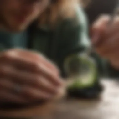 Artisan crafting a moss agate engagement ring with precision