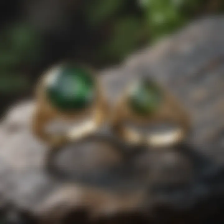 Elegant moss agate wedding rings displayed on a natural stone