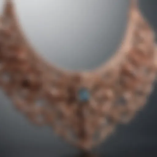 Close-up view of a rose gold necklace highlighting its intricate details and craftsmanship.