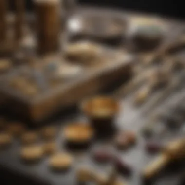 Intricate gold casting setup showcasing tools and materials