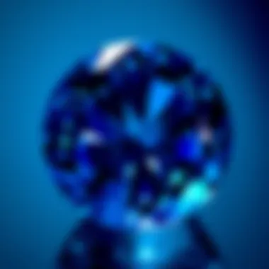 A close-up of a sparkling sapphire gemstone, highlighting its deep blue hue and clarity.