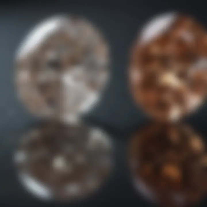 A comparison between an oval lab diamond and a natural diamond highlighting differences