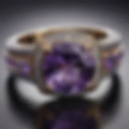 Close-up of a stunning purple amethyst wedding ring set showcasing intricate details
