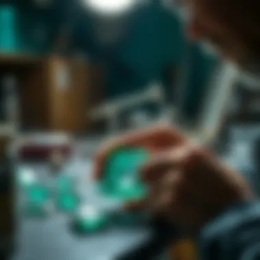 Artisan carefully crafting an emerald-cut gemstone in a workshop