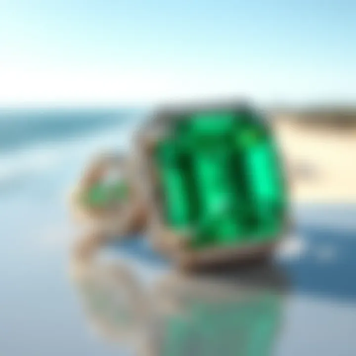 An elegant emerald-cut ring set against a backdrop of Florida's coastline