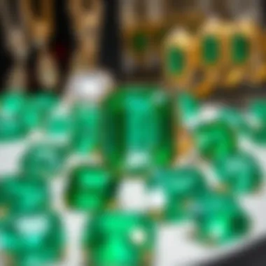 A vibrant display of emerald-cut gemstones at a Florida jewelry show