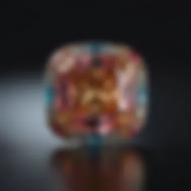 Display of a cushion cut diamond surrounded by colored gemstones