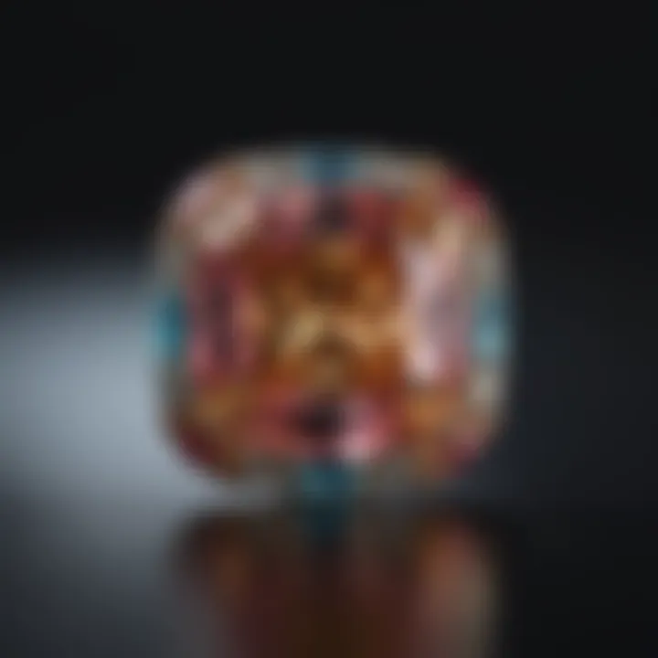 Display of a cushion cut diamond surrounded by colored gemstones