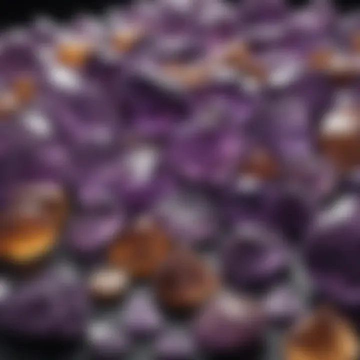 A beautifully arranged display of raw and polished amethyst stones on a reflective surface.
