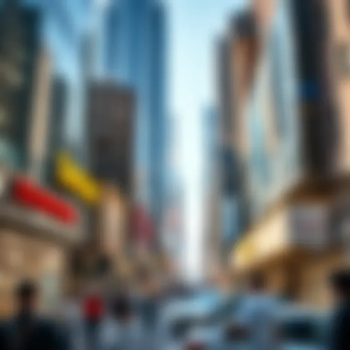A vibrant street view of New York's Diamond District bustling with activity