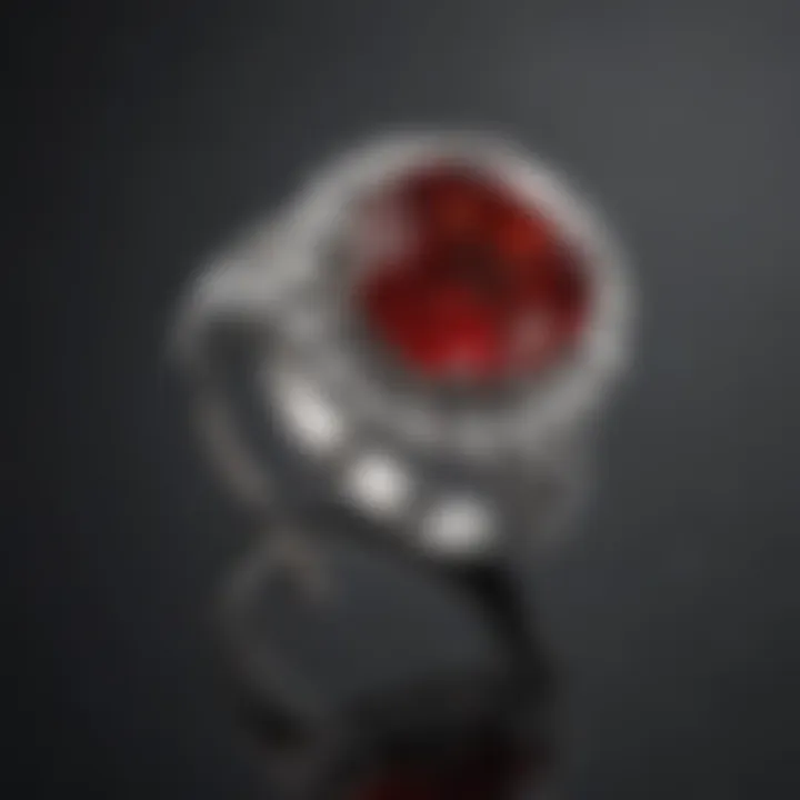 A well-maintained red birthstone ring displayed with care products