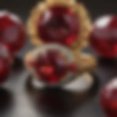 A close-up view of a ruby ring set against a luxurious background