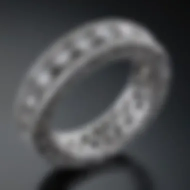 Close-up of a diamond eternity ring showcasing its intricate design.