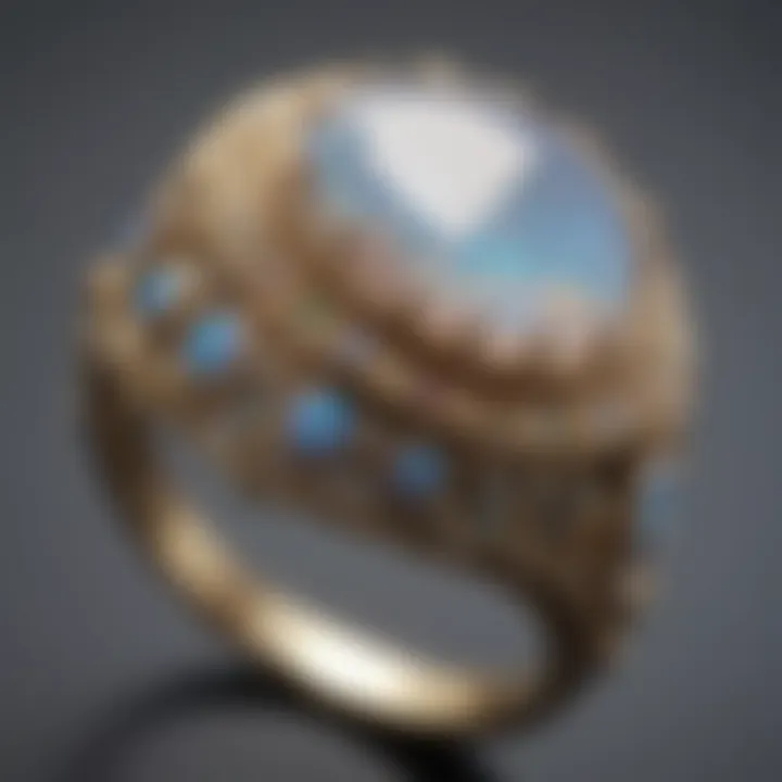 Close-up of an opal ring with intricate patterns and designs