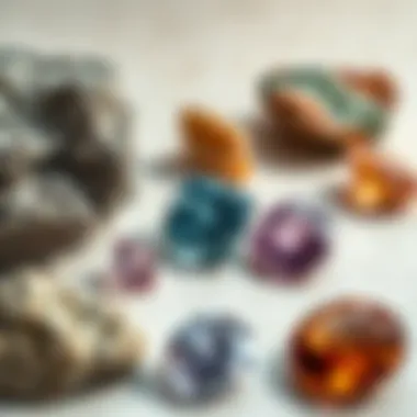 Transformation from Rough Stone to Polished Gem Rough stone rocks displayed alongside polished gemstones to highlight their transformation