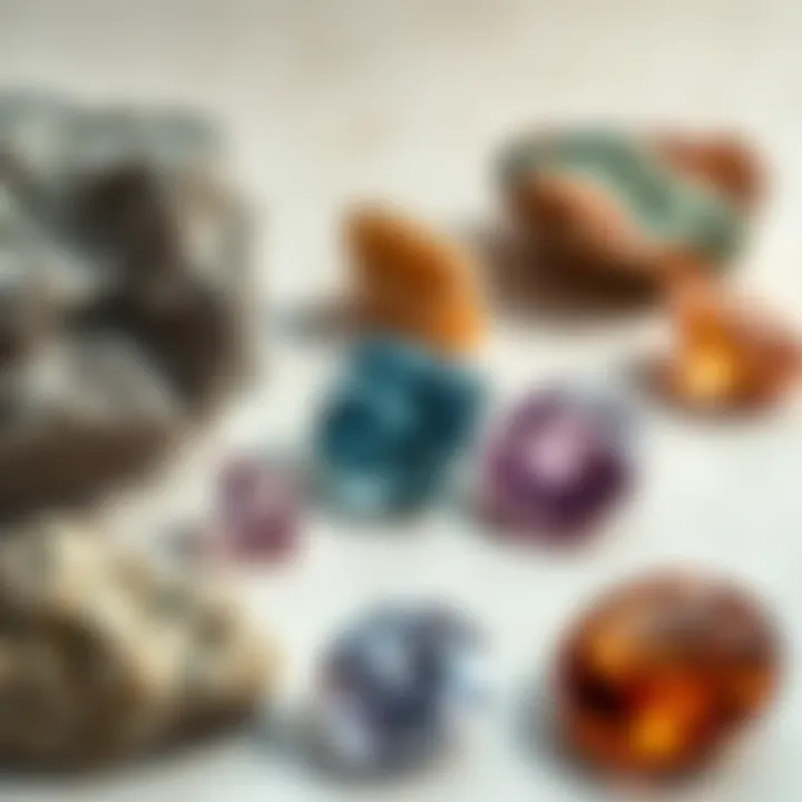 Transformation from Rough Stone to Polished Gem Rough stone rocks displayed alongside polished gemstones to highlight their transformation