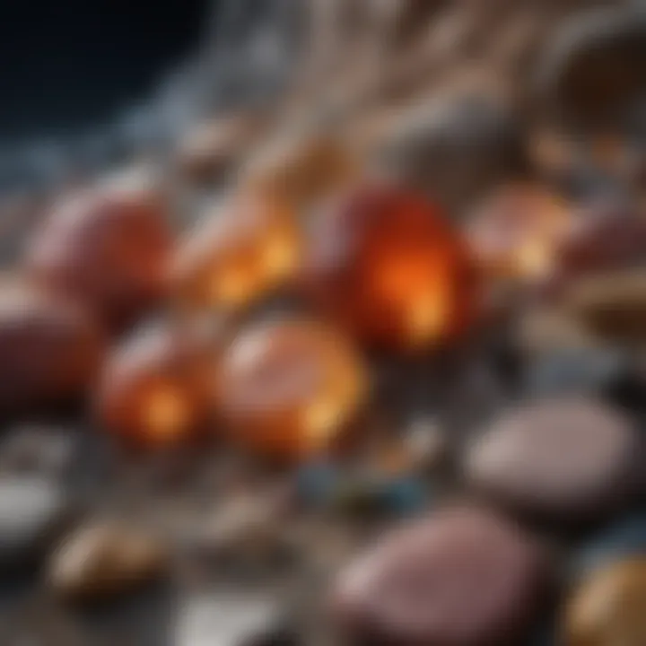A geological display of different rough stones alongside their natural environments