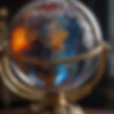 Close-up view of a beautifully crafted gemstone globe showcasing intricate details.