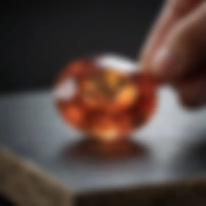 Close-up of a gemstone being shaped by a stone shaper, highlighting precision work.