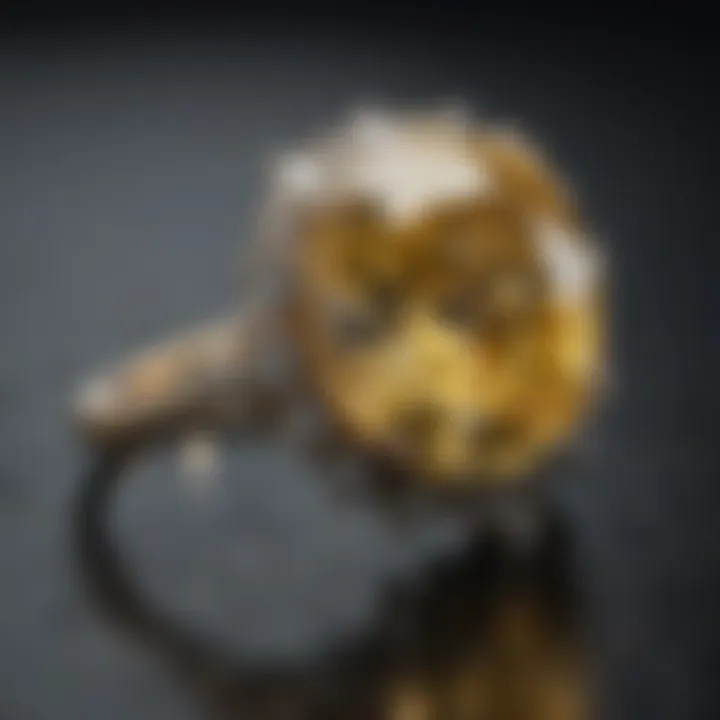 Glistening yellow diamond ring under soft ambient lighting