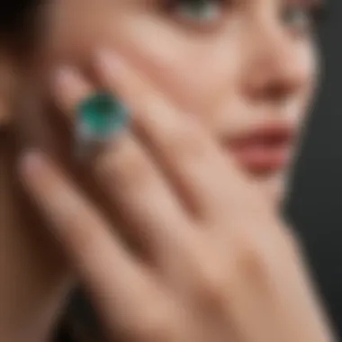 Side profile of a hand adorned with a 5 carat emerald cut engagement ring