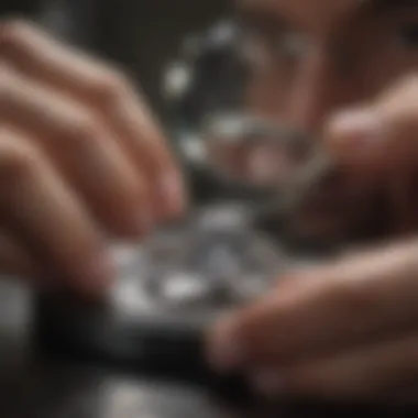 Jeweler's Examination of a Silver Diamond Ring Professional jeweler examining a silver diamond ring under a magnifying loupe