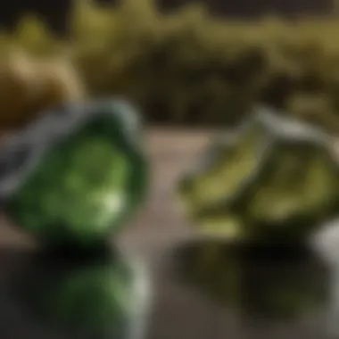 Real vs. Counterfeit Moldavite: A Side-by-Side Comparison Comparison of real moldavite and a counterfeit stone highlighting key differences
