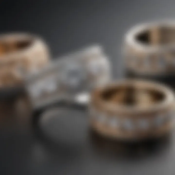 Close-up of various design options for diamond-set wedding bands.