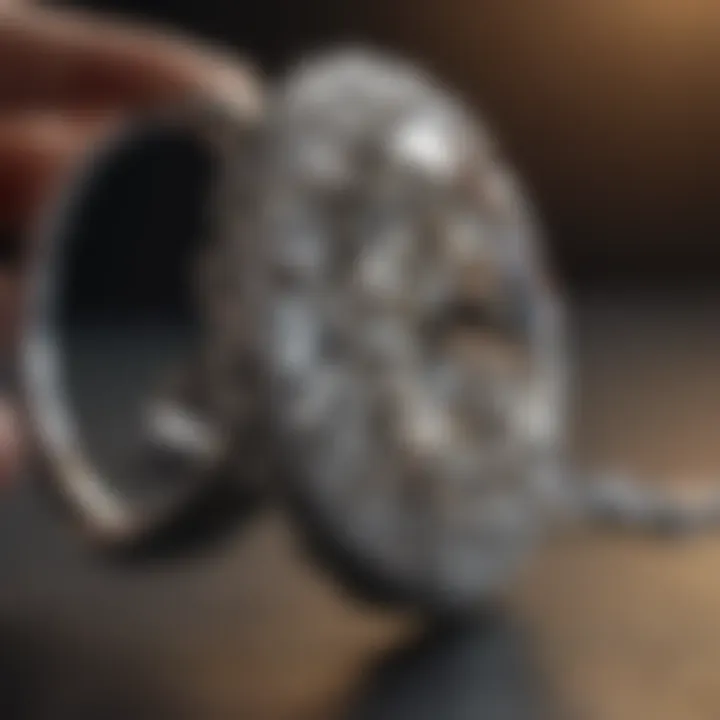 Diamond ring being evaluated under magnifying glass