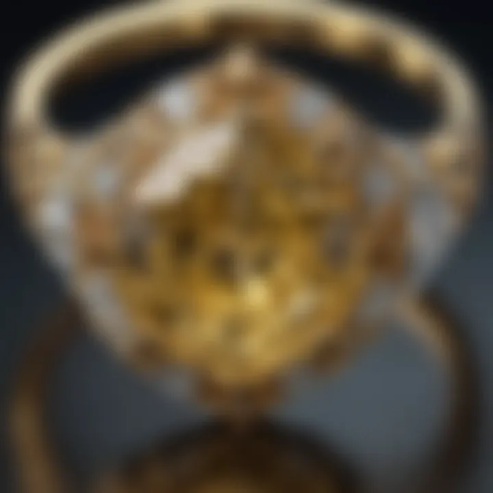 Close-up of the intricate craftsmanship of a yellow diamond ring