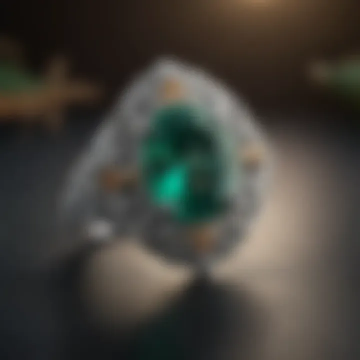 Close-up of the intricate details of a silver ring showcasing a vibrant green emerald