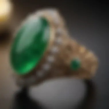 Close-up of intricate details on a vibrant Imperial Jade ring