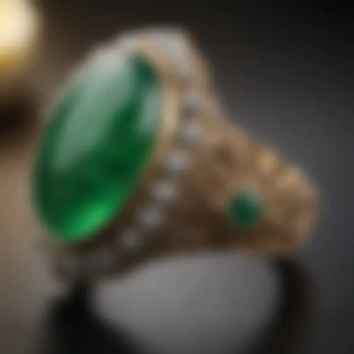 Close-up of intricate details on a vibrant Imperial Jade ring