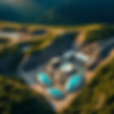 An aerial view of a modern gemstone mining site surrounded by lush landscapes, illustrating the juxtaposition of nature and industry.