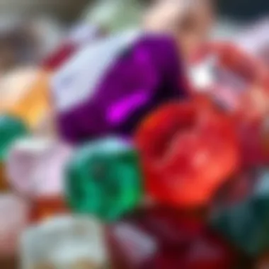 A close-up view of raw gemstones in their natural state, showcasing uncut brilliance and color diversity.