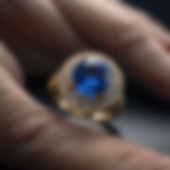 Close-up of a Kashmir blue sapphire in a luxurious setting