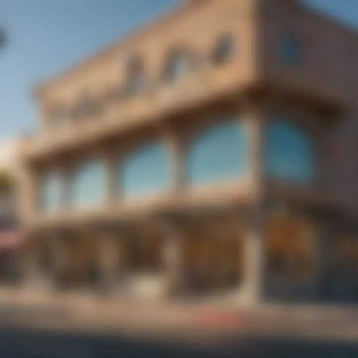 A panoramic view of the Los Angeles Jewelry Mart showcasing its vibrant exterior