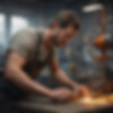 A technician performing maintenance on a stone shaper machine, emphasizing care and safety.