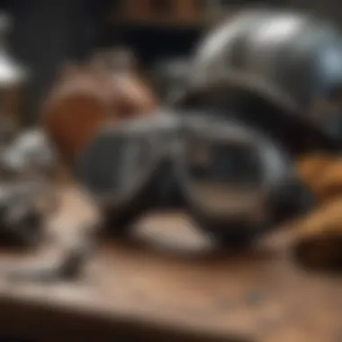 A close-up view of safety equipment for metalsmithing, including goggles and gloves.