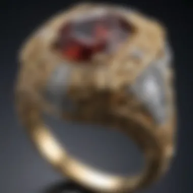 Intricate Designs: Close-Up of an Art Deco Ring Close-up of an Art Deco ring featuring intricate designs and a captivating central gemstone.