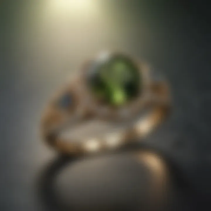Exquisite moldavite wedding ring showcasing unique green hue