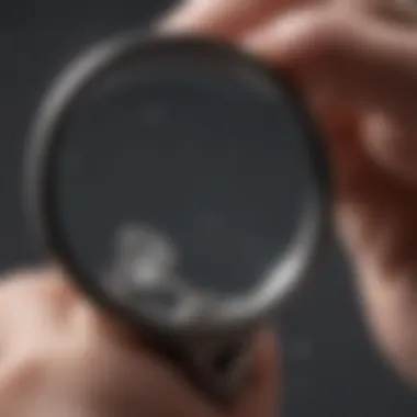 Platinum ring being inspected under a magnifying glass for imperfections