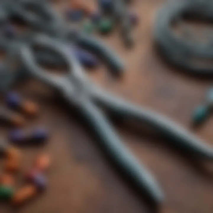 A pair of chain-nose pliers positioned next to a selection of beads and wires, emphasizing their role in assembly.