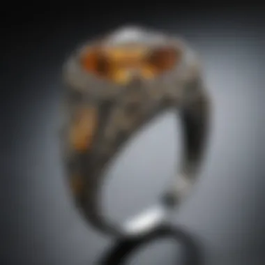 Intricate Design of Citrine Ring An elegant citrine ring set in intricate metalwork, highlighting its unique design